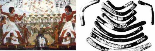 A la izquierda escena de caza de aves en el antiguo Egipto con boomerangs. A la derecha boomerangs encontrados por HowardCarter en la Tumba de Tutankamon.